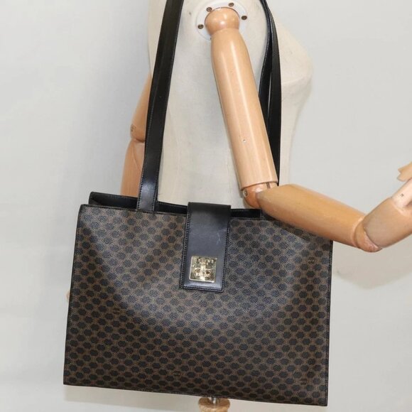 CELINE Macadam Canvas Shoulder Bag PVC Leather Black Gold - Picture 14 of 16